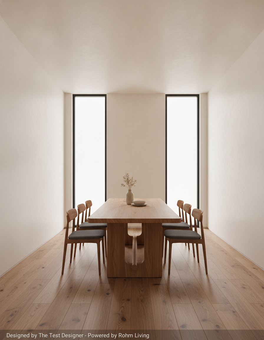 I have centered the design on the rich, organic contrast between the natural teak of the Vije dining table and the deep walnut and charcoal tones of the six matching chairs. By keeping the surrounding space entirely clear, the clean Scandinavian lines and exquisite wood grains remain the absolute focus of the room. The soft daylight accentuates these premium natural materials, creating a warm, modern space that feels both intimate and remarkably sophisticated.