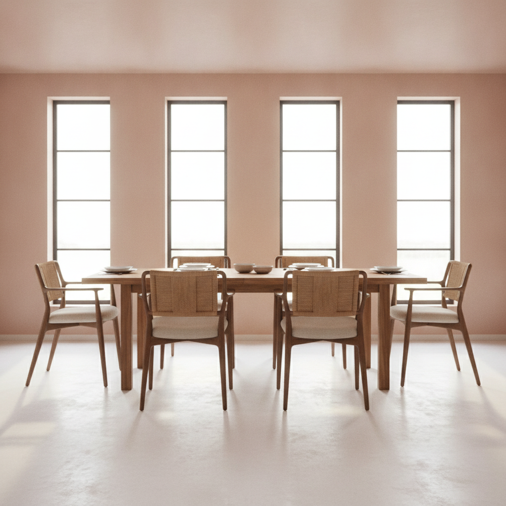 This is a generous space, so we'll want to ensure the dining set feels grounded and inviting. I'm envisioning a beautiful, natural light-filled room that highlights the warmth of the teak.
