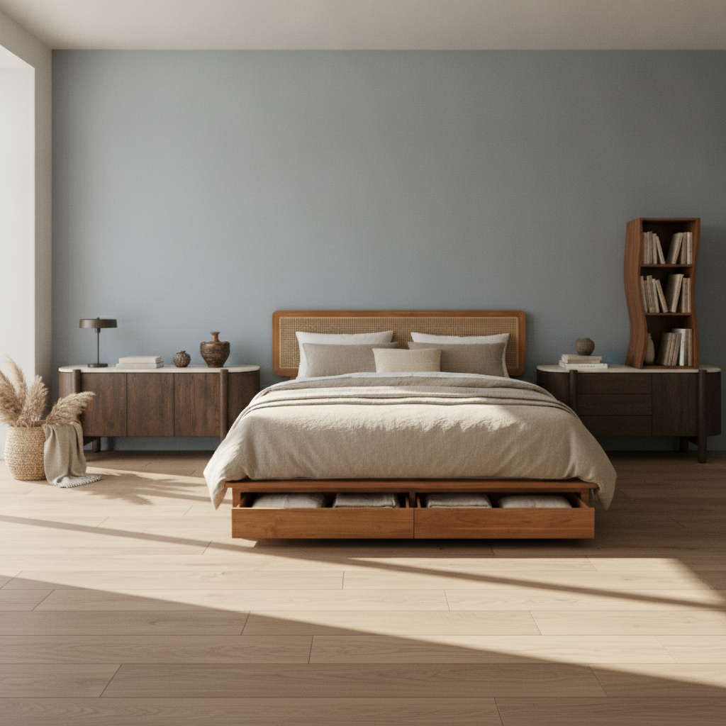 This is a lovely spacious bedroom, and I can already picture how serene it will feel with the blue tones and natural materials. The scale of the room is quite generous, so we have plenty of space to arrange these pieces comfortably.